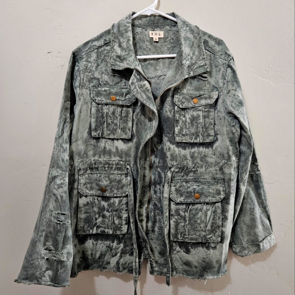 POL Sage Green Denim Utility Jacket Tie Waist Relaxed Fit Camo